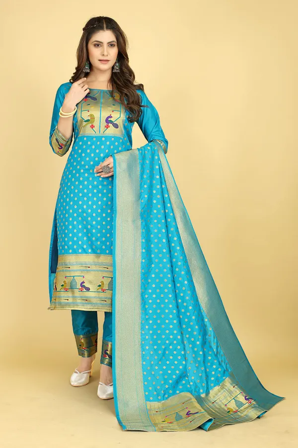 Firozi_Colour_Paithani_Suit_Unstitched_Fabric_With_Dupatta